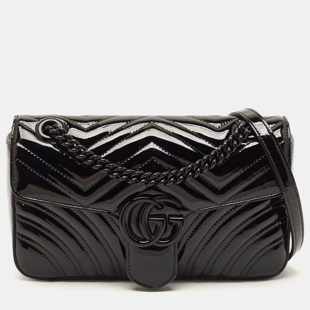 Gucci Gg Marmont Flap Small Black Matelass&eacute; Patent Leather Shoulder Bag